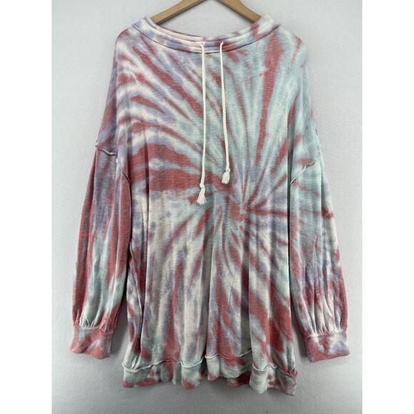 WE THE FREE Top XL Best Catch Tie Dye Tee Long Sleeve Terry Oversized Tunic Red - Picture 2 of 16